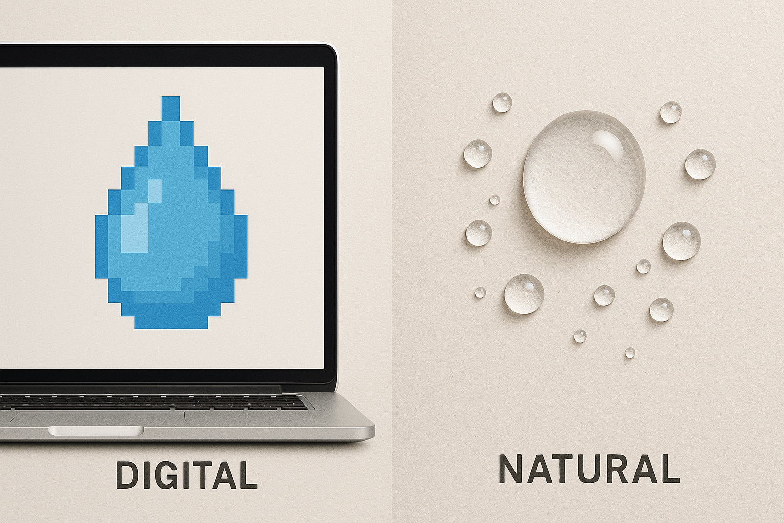 Image of a physical vs digital water droplet  